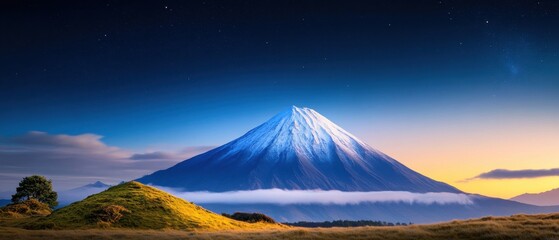 Fototapeta premium [Mount Fuji at sunset] Breathtaking Mt. Apo Sunrise Over Active Volcano Landscape with Warm Lighting and Soft Sky