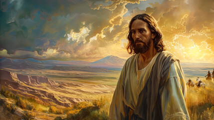 Fototapeta premium Painting of Jesus standing in a field with a group of sheep. The sky is cloudy and the sun is setting