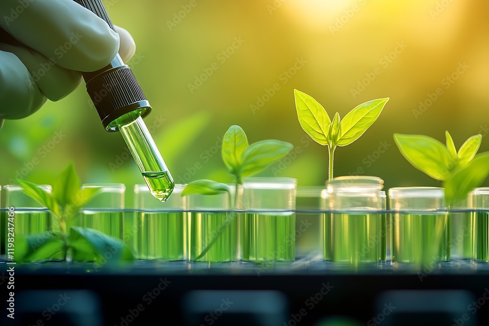 Poster Hand with Dropper Conducting Scientific Experiment on Green Plant Samples in Laboratory Setting : Generative AI