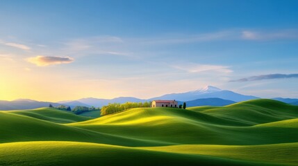 [Rural village during sunrise or sunset] Serene Rural Sunset over Rolling Hills near Mountain Lake Reflections with Silhouette Tree