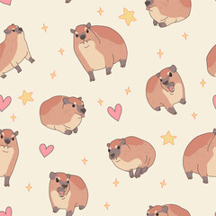 Seamless pattern. Cute animal rock hyrax with hearts and stars on beige background. Vector illustration for design, wallpaper, packaging, textile. kids collection