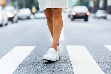 Walking on the crosswalk in a city setting with stylish white sneakers promoting daily activity and health benefits