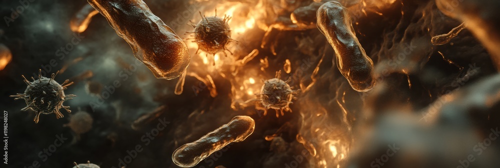 Poster detailed 3d render of microbes showcasing intricate structures in a dynamic environment. generative 