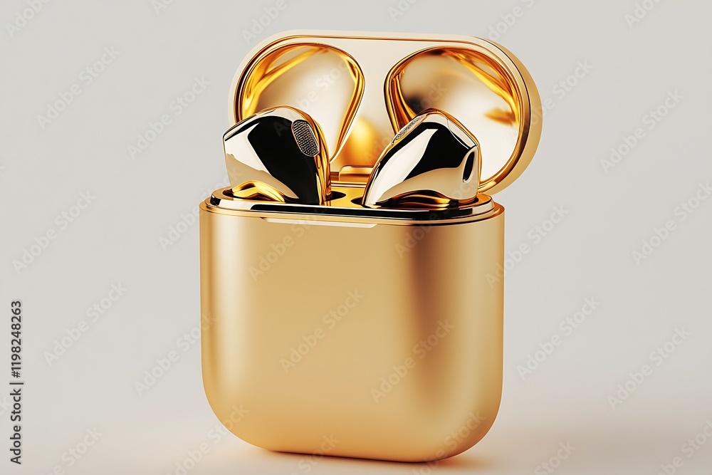 Poster luxurious golden wireless earbuds with charging case on neutral background : generative ai