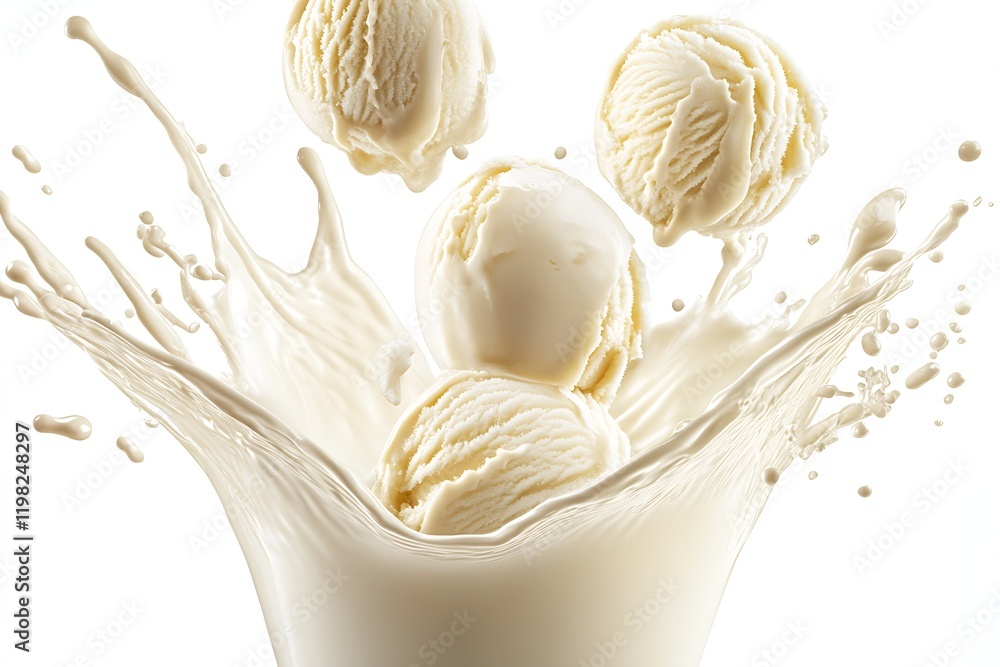 Poster dynamic splash of creamy vanilla ice cream scoops in milk explosion on white canvas : generative ai