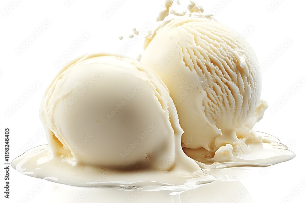 Poster melting vanilla ice cream scoops on white background with splash effects : generative ai