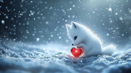 Fototapeta premium Little arctic fox with crystal red heart necklace, snow-white fur, starry winter night, magical glow