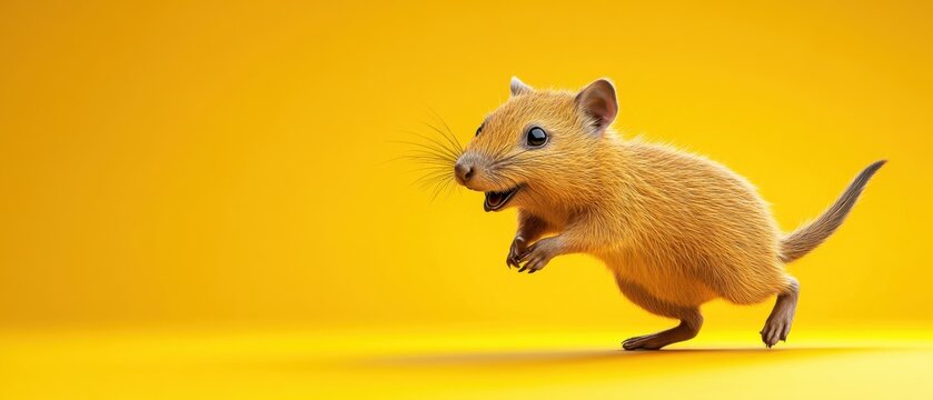 [brown gerbil running] High-Speed Gerbil Stock Photo Active Rodent in Motion Against Yellow Background