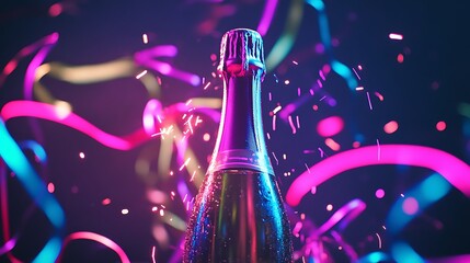 champagne bottle popping with neon streamers light