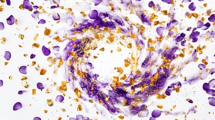 Abstract swirl of purple and gold paint with scattered petals.