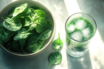 Obraz premium Fresh spinach leaves and a refreshing spinach smoothie in a glass, perfect for a healthy lifestyle.