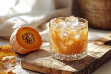 A refreshing iced pumpkin spice drink in a crystal glass, garnished with ice cubes, on a wooden board with pumpkin slices and autumn leaves.