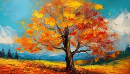 Vibrant Autumn Colors Illuminating a Majestic Tree in a Colorful Oil Painting, Showcasing the Rich Hues of Fall.