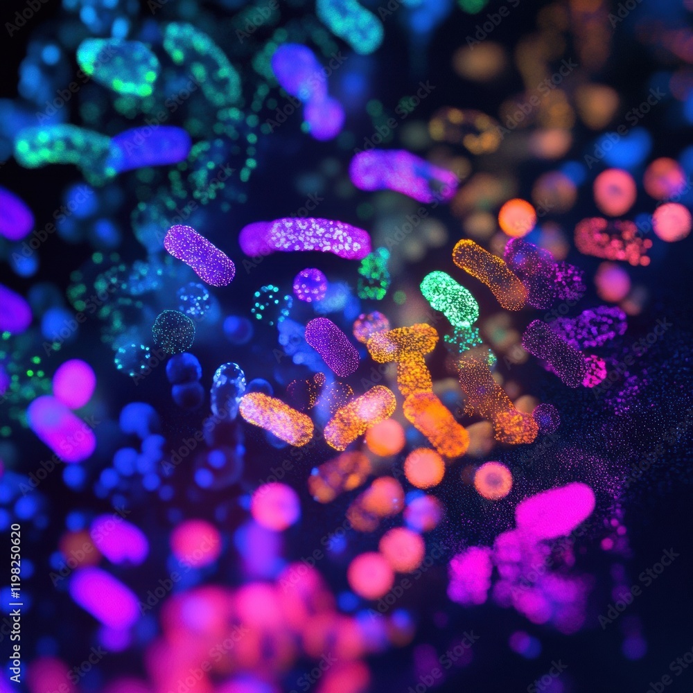 Poster exploration of antibiotics and bacteria under a microscope with vibrant colors and detailed structur