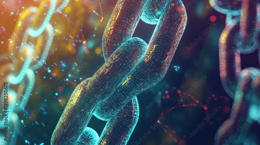Poster digital chain: a network of interconnected nodes, symbolizing blockchain technology and data securit