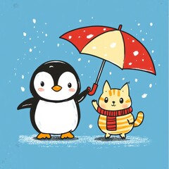Obraz premium Penguin, cat, snow, umbrella, friendship, winter, illustration, card
