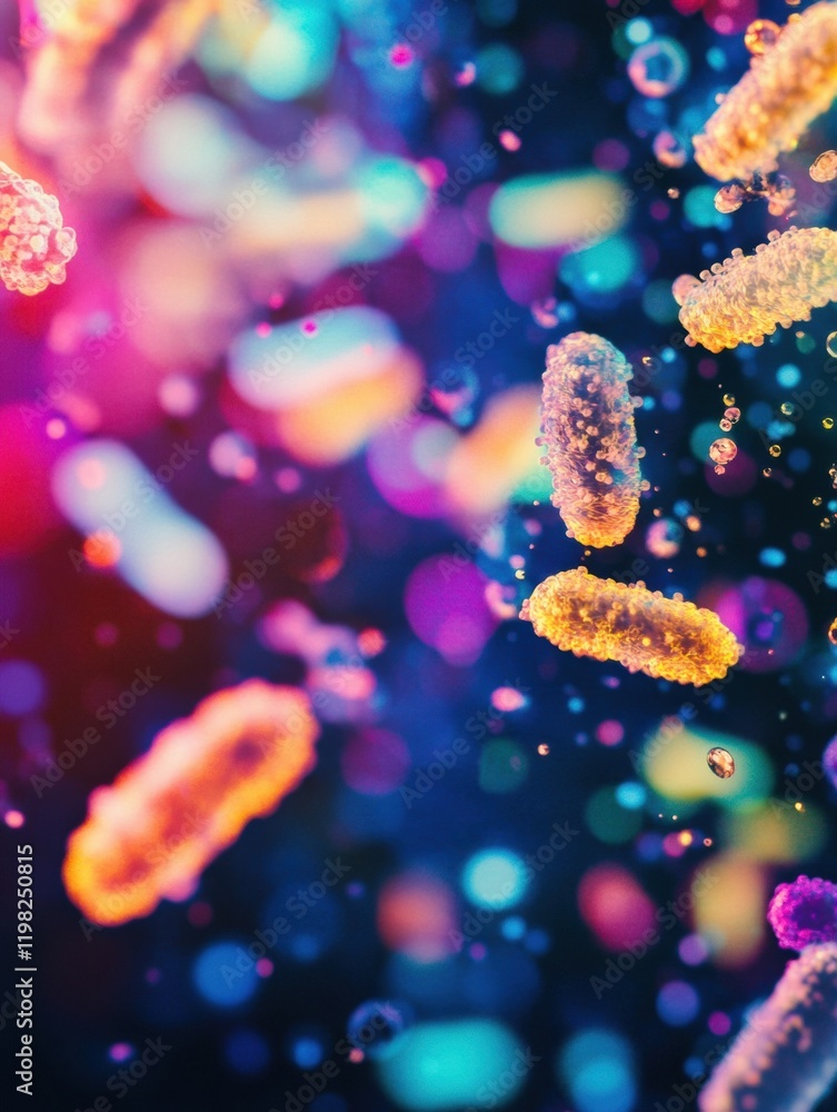 Leinwandbilder microscopic view of colorful antibiotics interacting with bacteria in a vibrant abstract setting. ge