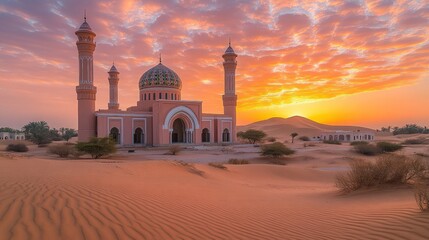 Desert Mosque Sunrise Sand Dunes, Spiritual Dawn