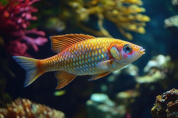 Fototapeta premium colorful fish swimming gracefully in a clear aquarium, vibrant coral and aquatic plants providing a lively backdrop, creating a serene underwater world filled with life and movement
