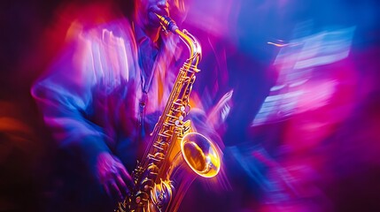 Obraz premium Jazz music concept, Abstract motion blurred of a jazz saxophonist improvising on stage.