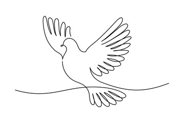 White dove in one continuous line drawing. Bird symbol of peace and freedom in simple linear style. Concept for wedding invitation icon. Editable stroke. Doodle hand drawn vector illustration
