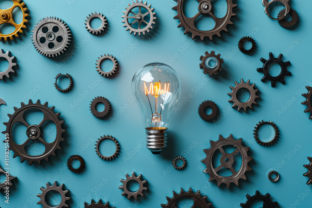 Poster light bulb is surrounded by gears, representing the idea of innovation and progress. scene is one of