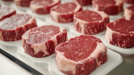 Fototapeta premium Food safety inspection monitoring concept. Meticulously Sanitized Meat Packaging Line with Fresh Raw Beef Cuts