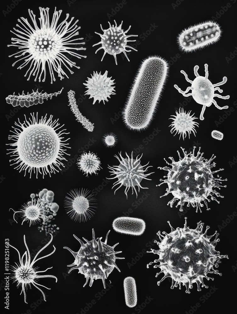 Fototapete evolving bacteria showcasing diverse forms under microscopic observation in a laboratory environment