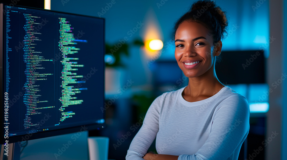 Poster modern studio with woman and code on monitor in stylish environment