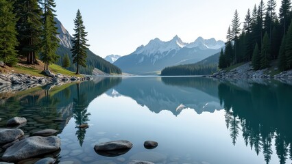 Calm lake nestled among majestic mountains; serene waters mirror the azure sky and towering peaks in a picturesque outdoor scene