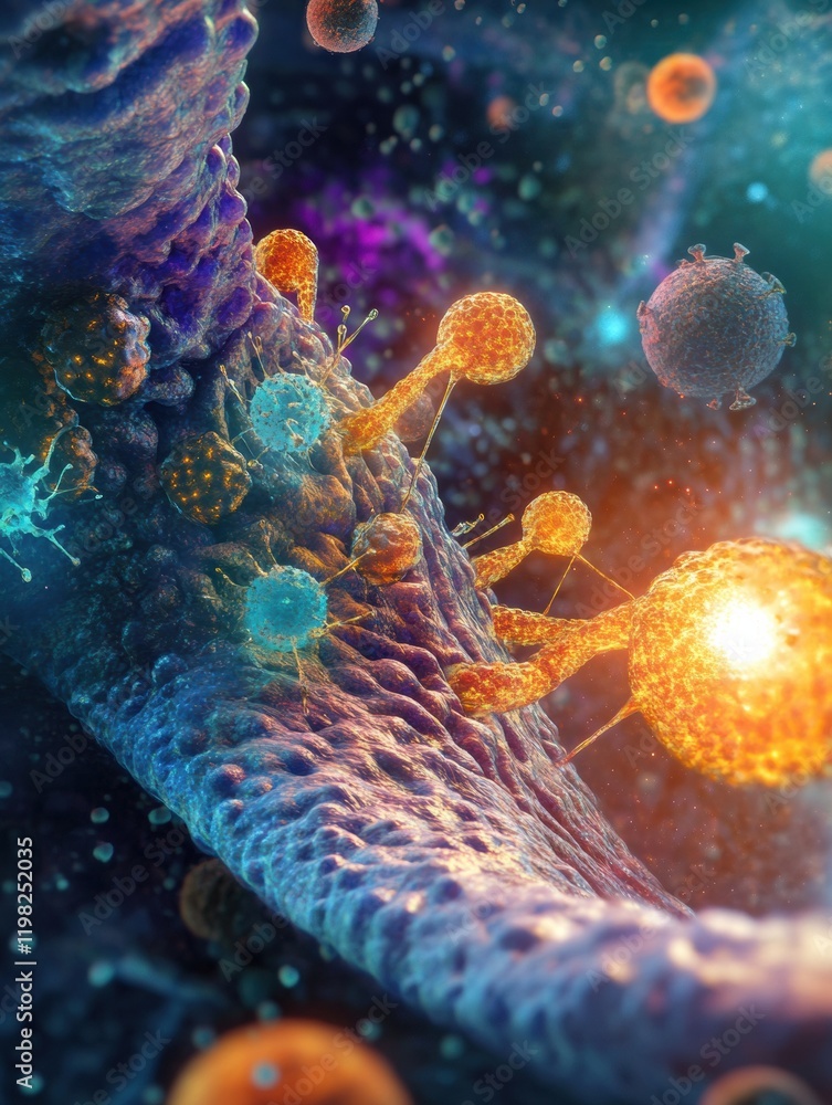 Poster Exploring molecular interactions between microbes in vibrant detail and complexity under a high powered microscope. Generative AI