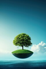 Isolated Tree on Floating Island with Windmill Design