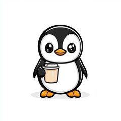 Obraz premium Penguin holds a cup on white background for stickers, or cards