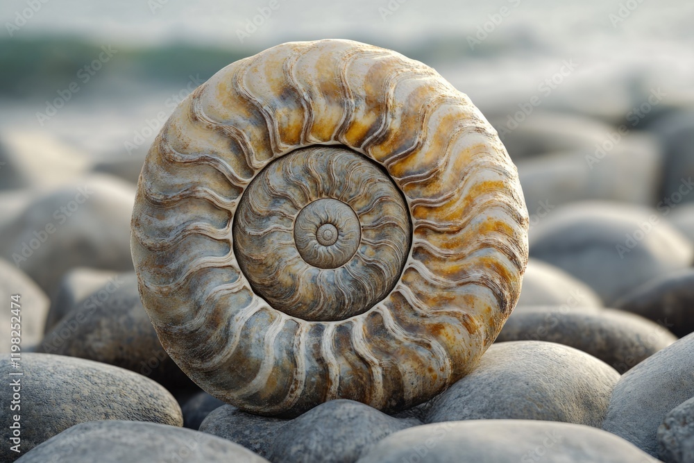 Poster ancient ammonite fossil rests on smooth beach stones, showcasing its intricate spiral structure and 