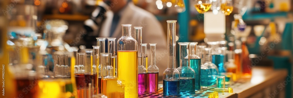 Poster laboratory filled with colorful test tubes and microscopes in active research environment. generativ