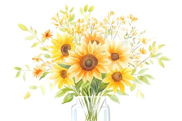 Fototapeta premium Watercolor Sunflowers and Delicate Blooms in Glass Vase
