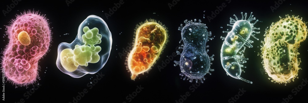 Aufkleber Evolutionary process of bacteria displayed in vibrant colors and diverse forms over time. Generative AI