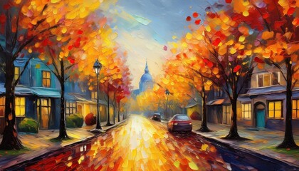 Tranquil Autumn Evening Street Scene Oil Painting Showcasing Rich Amber Hues, Textured Leaves, and...