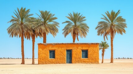 Desert Oasis Mud-brick house, palm trees, Sahara landscape, travel brochure