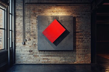 Abstract red diamond artwork displayed on a rustic brick wall in a modern industrial setting.