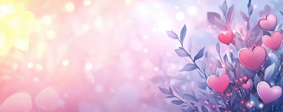Festive Valentine&rsquo;s Day promotional banner with vibrant colors, glowing lights, and abstract heart shapes in a romantic theme