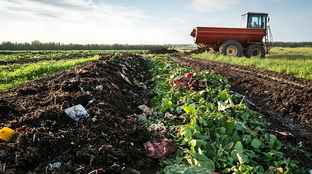 Composting Windrows of Organic Waste for Fertilizer Production, sustainable agriculture concept