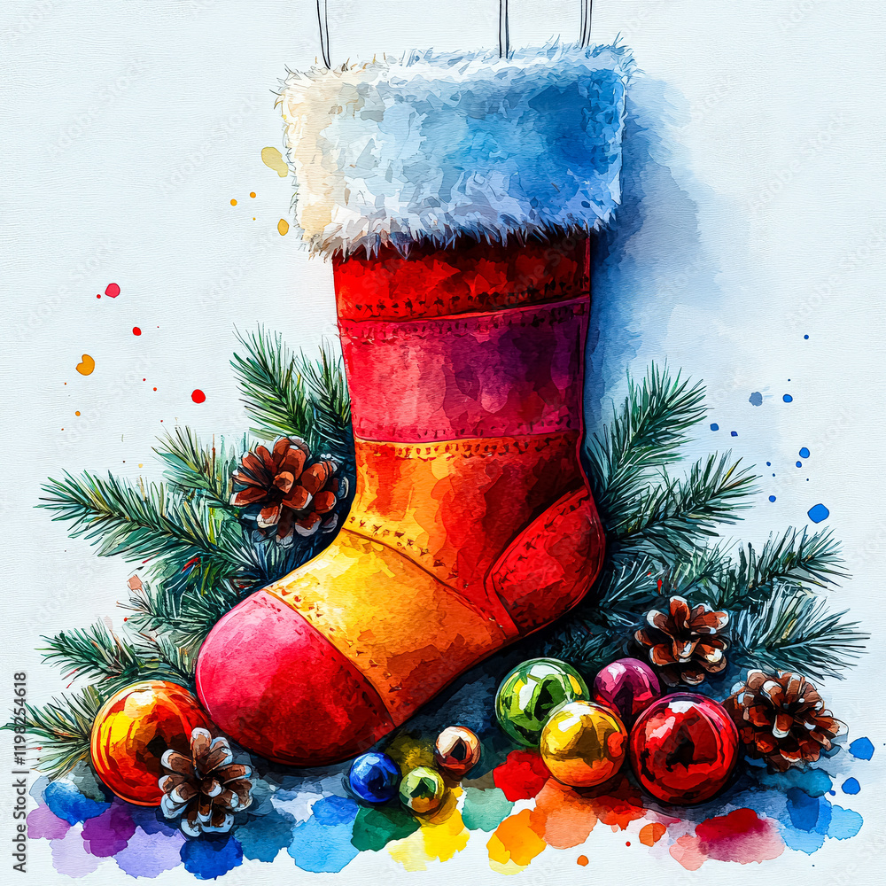 Poster red christmas boot with a white sock and a pine cone on top. the boot is surrounded by pine needles 