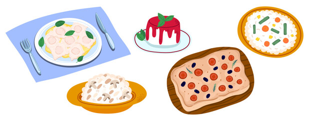 Italian food. Ravioli, panna cotta, vegetable risotto, mushroom risotto, and pizza. For culinary guides, menus, or cultural presentations. Vector illustration