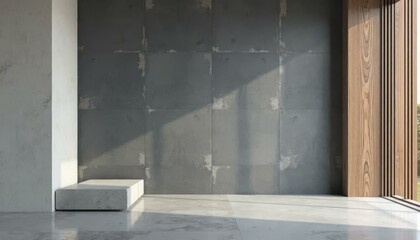 Minimalist Room with Concrete Wall, Wood Panel & Sunlight