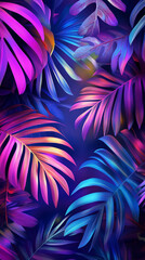 tropical paradise night pattern, Vibrant neon tropical leaves in a dark abstract jungle setting, vertical disco retro background