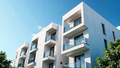 Modern White Apartments Building with Balconies and Blue Sky