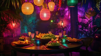 Vibrant Dinner Table with Colorful Lanterns and Decor