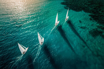 Group of sailboats are sailing in the ocean. The sailboats are in a row and are all moving in the same direction