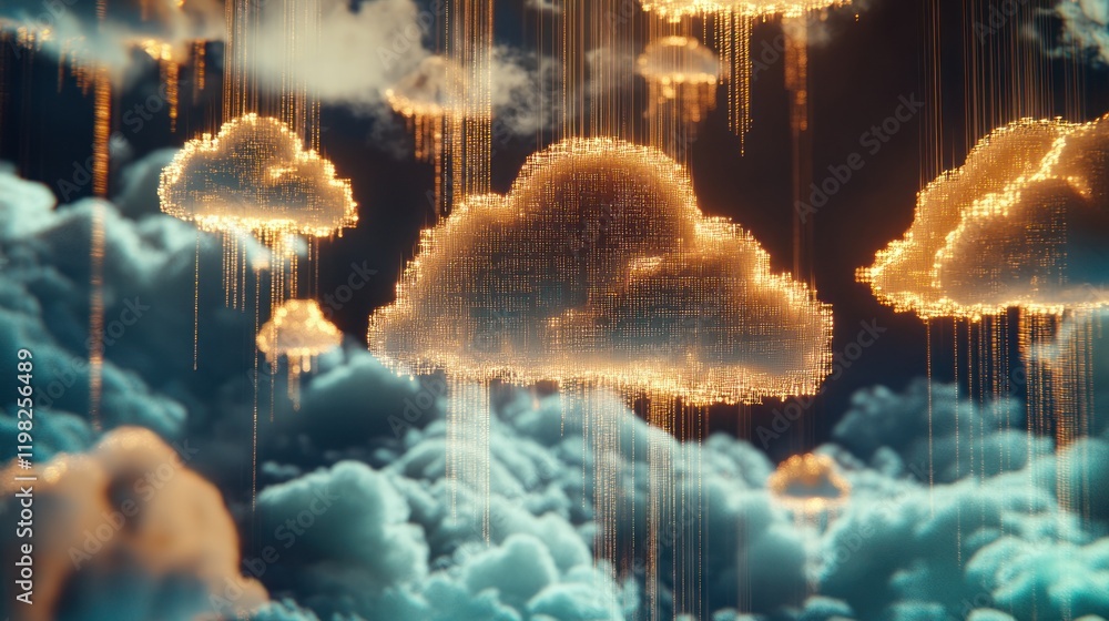 Poster digital rain: a mesmerizing visualization of the cloud computing world, showcasing interconnected da